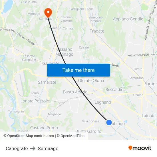 Canegrate to Sumirago map