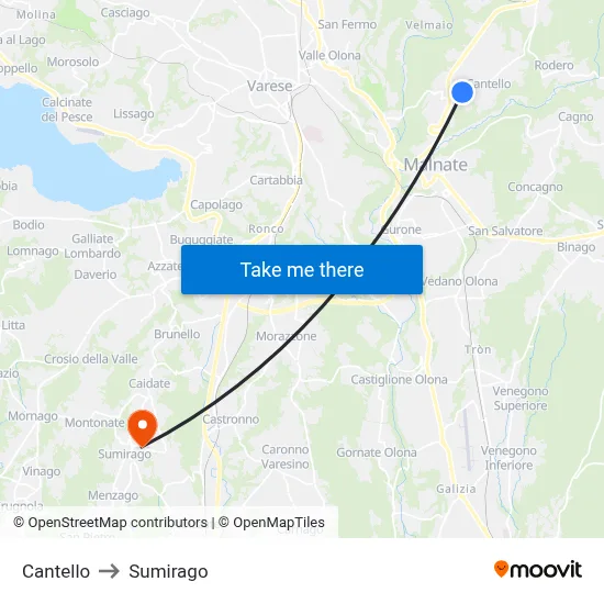 Cantello to Sumirago map