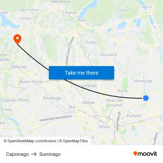 Caponago to Sumirago map