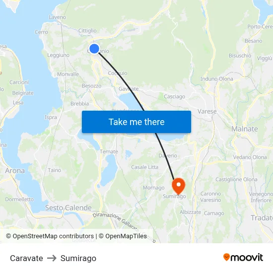 Caravate to Sumirago map