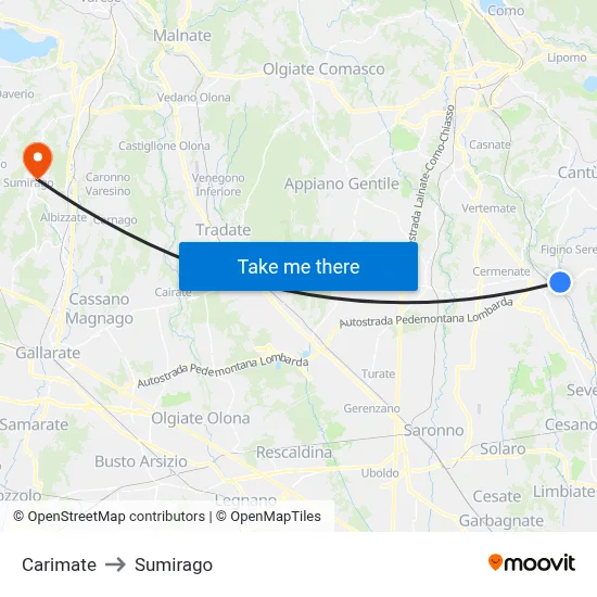 Carimate to Sumirago map