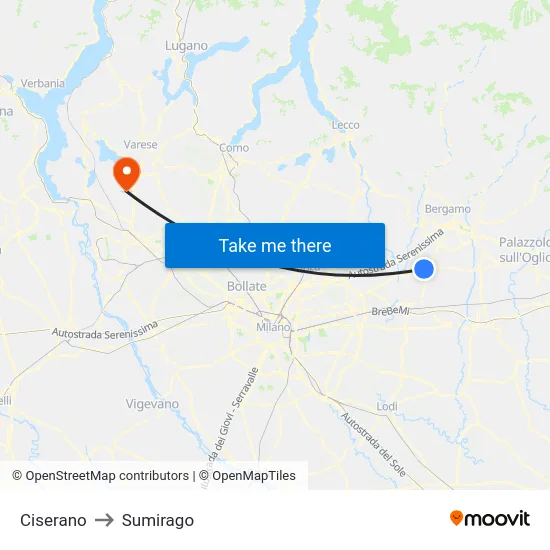 Ciserano to Sumirago map