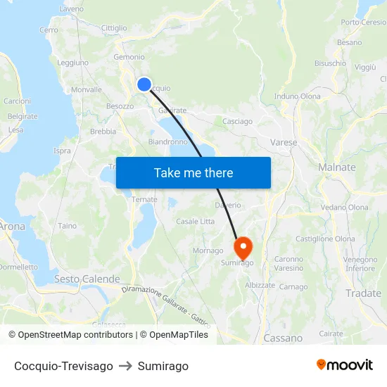 Cocquio-Trevisago to Sumirago map