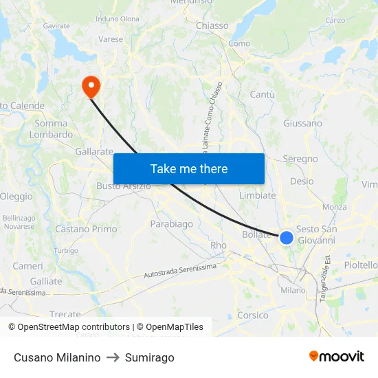 Cusano Milanino to Sumirago map