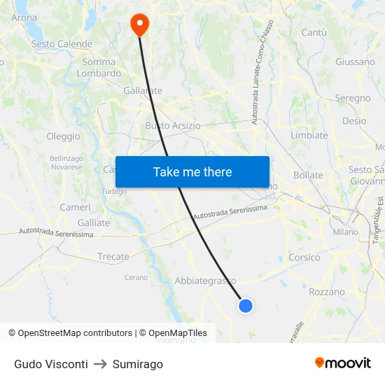 Gudo Visconti to Sumirago map