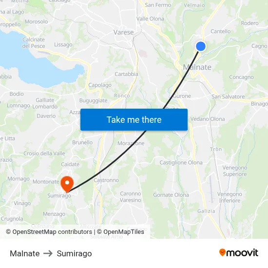 Malnate to Sumirago map
