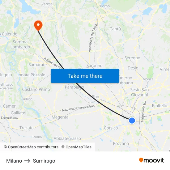 Milan to Sumirago map