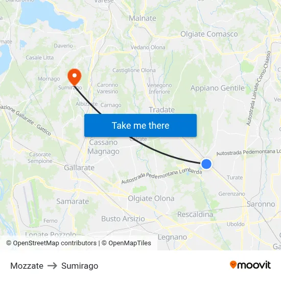 Mozzate to Sumirago map
