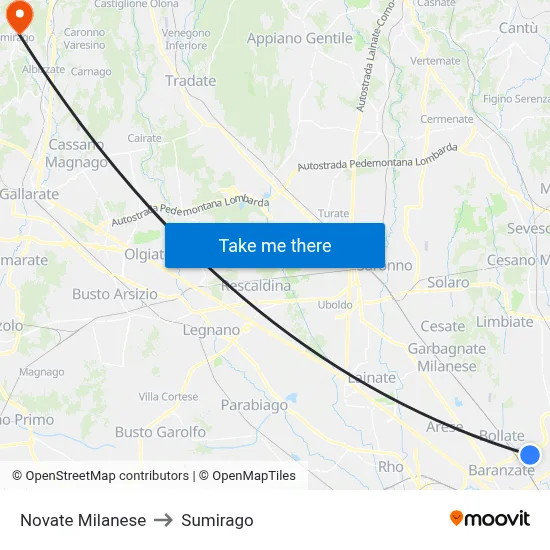 Novate Milanese to Sumirago map