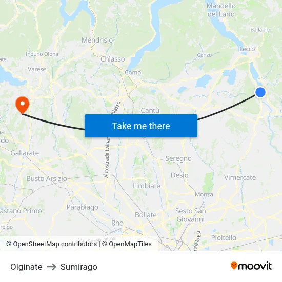 Olginate to Sumirago map