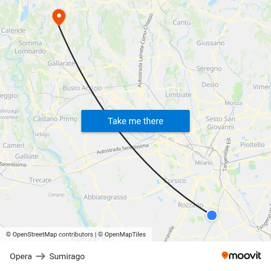 Opera to Sumirago map