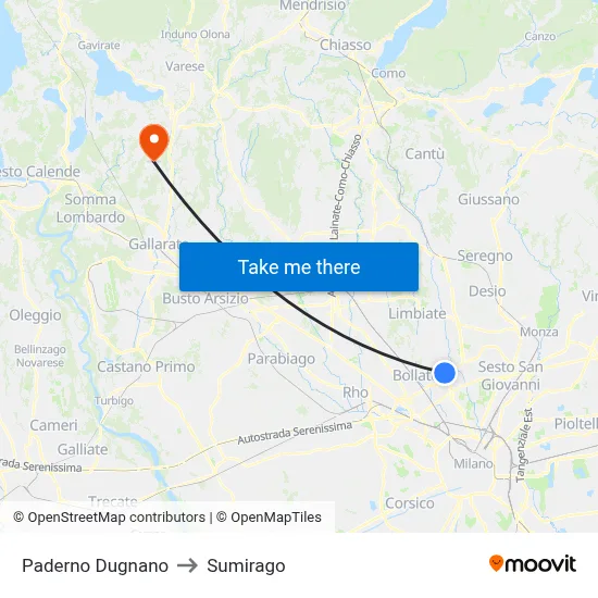Paderno Dugnano to Sumirago map
