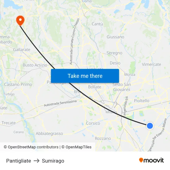 Pantigliate to Sumirago map