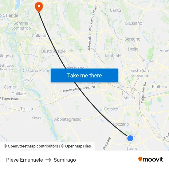 Pieve Emanuele to Sumirago map