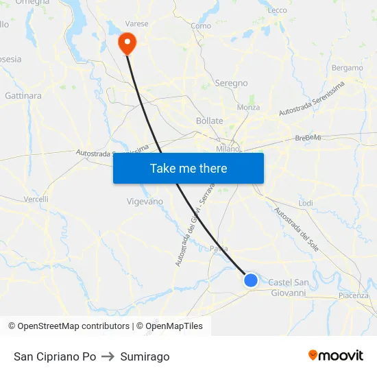 San Cipriano Po to Sumirago map