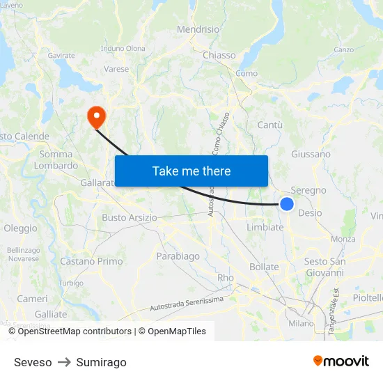 Seveso to Sumirago map
