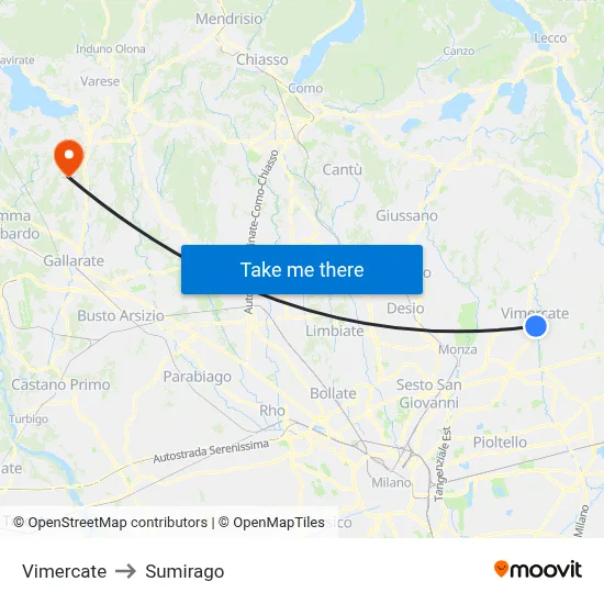 Vimercate to Sumirago map