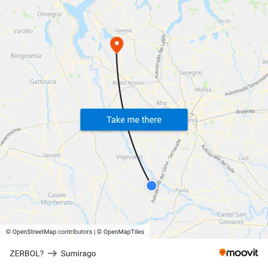 Zerbol to Sumirago map