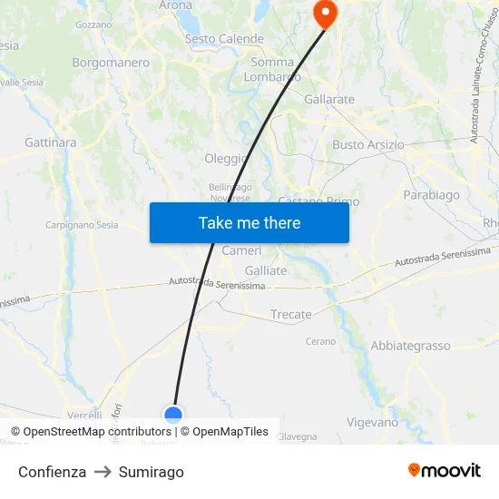 Confienza to Sumirago map