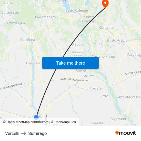 Vercelli to Sumirago map