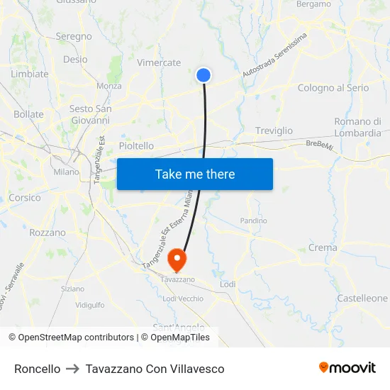 Roncello to Tavazzano Con Villavesco map