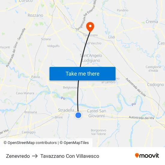 Zenevredo to Tavazzano Con Villavesco map