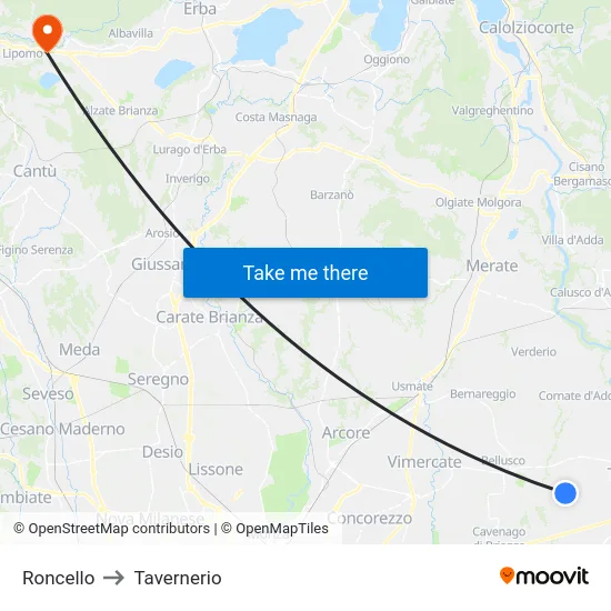 Roncello to Tavernerio map