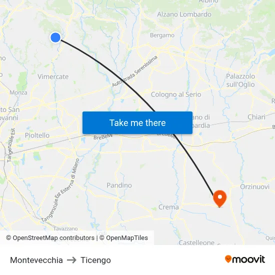 Montevecchia to Ticengo map