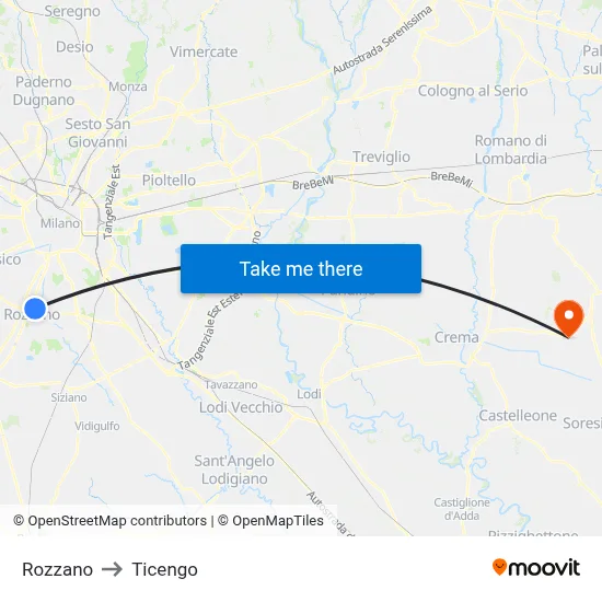 Rozzano to Ticengo map