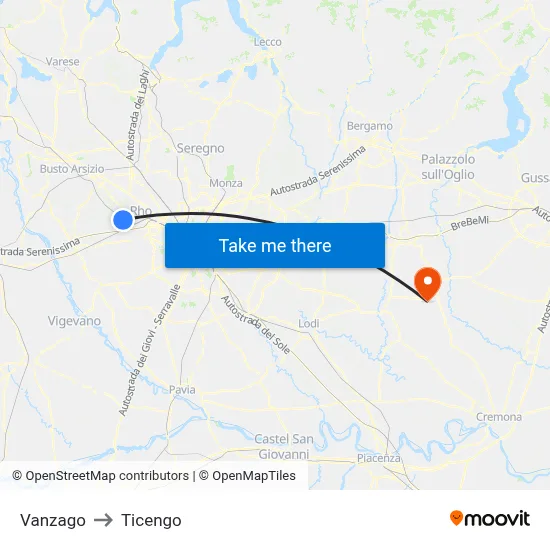 Vanzago to Ticengo map