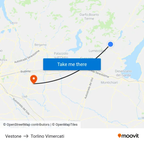 Vestone to Torlino Vimercati map
