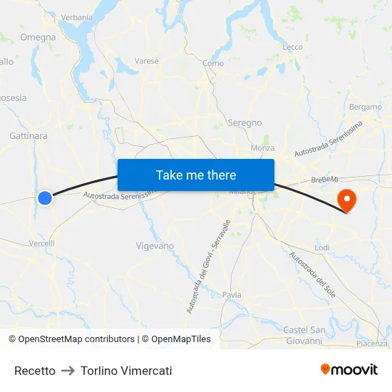 Recetto to Torlino Vimercati map