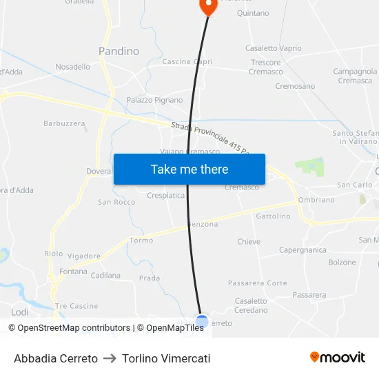 Abbadia Cerreto to Torlino Vimercati map