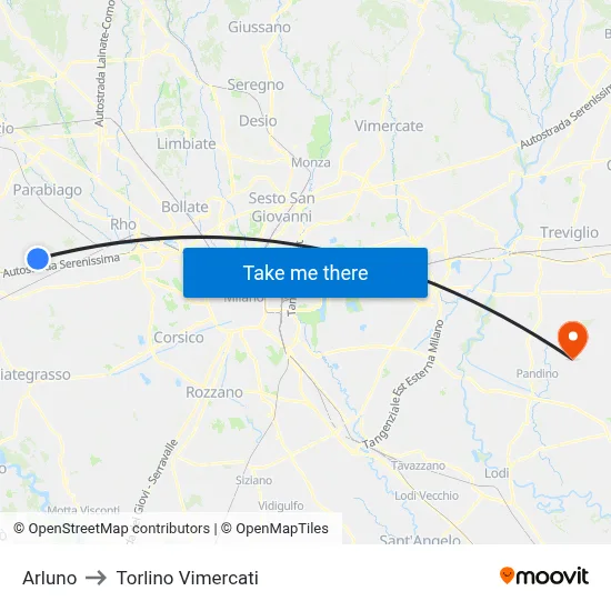 Arluno to Torlino Vimercati map