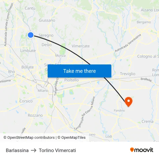 Barlassina to Torlino Vimercati map