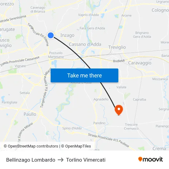 Bellinzago Lombardo to Torlino Vimercati map
