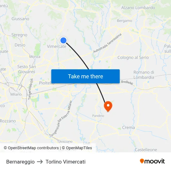 Bernareggio to Torlino Vimercati map