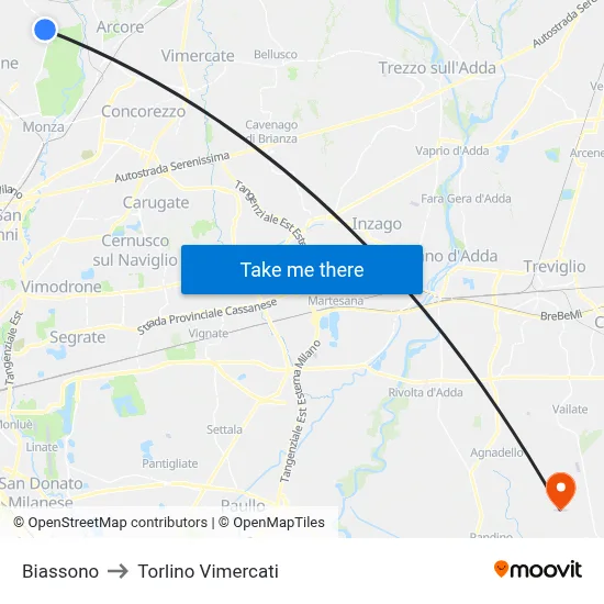 Biassono to Torlino Vimercati map