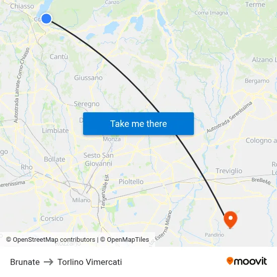 Brunate to Torlino Vimercati map