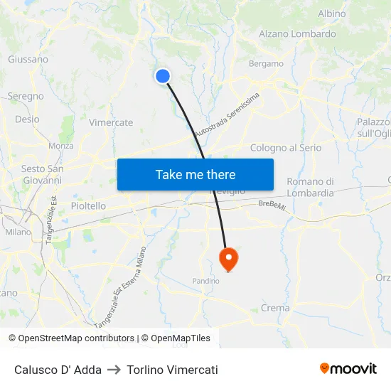Calusco d'Adda to Torlino Vimercati map