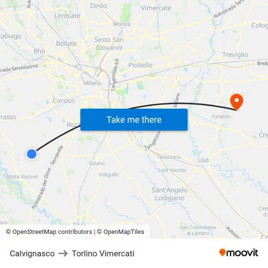 Calvignasco to Torlino Vimercati map