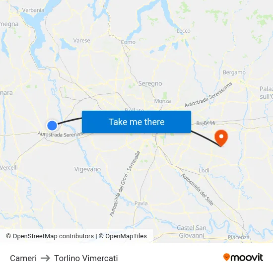 Cameri to Torlino Vimercati map