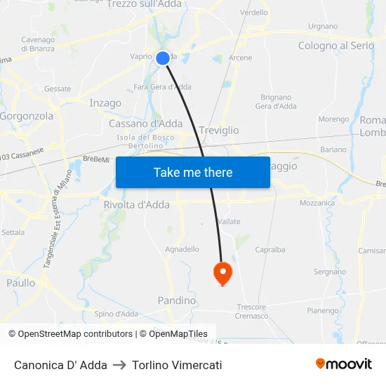 Canonica d'Adda to Torlino Vimercati map