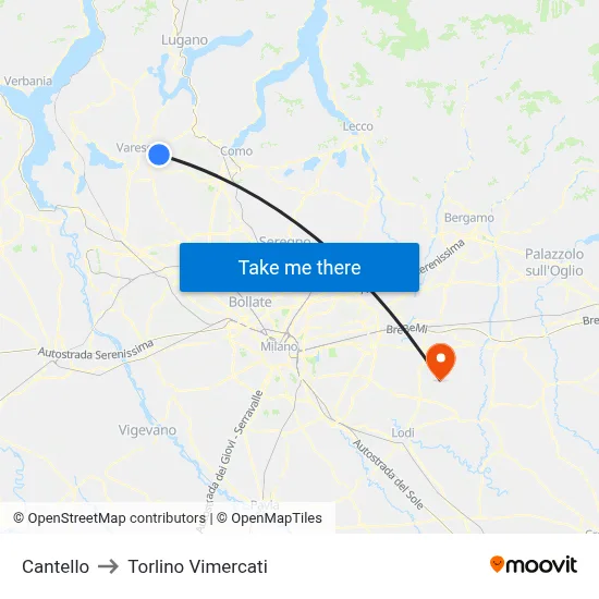 Cantello to Torlino Vimercati map