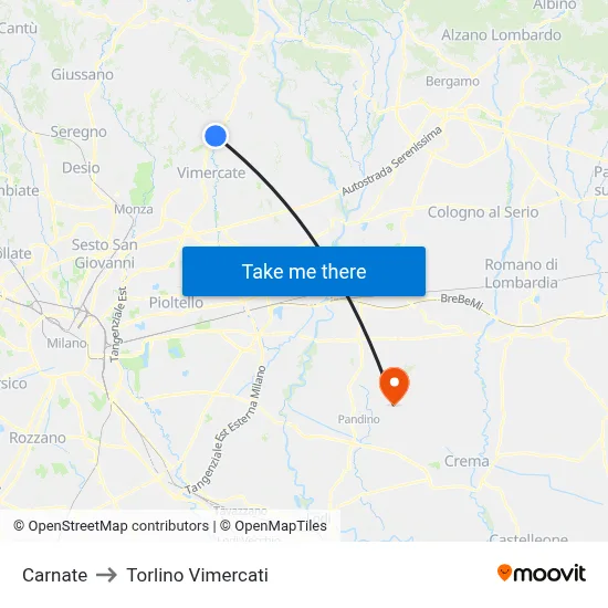 Carnate to Torlino Vimercati map