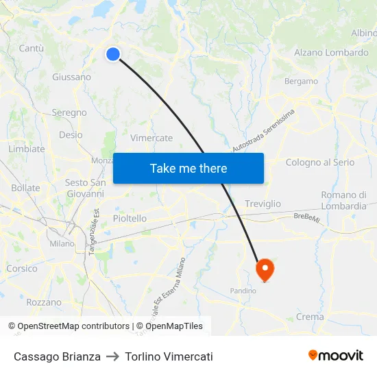 Cassago Brianza to Torlino Vimercati map