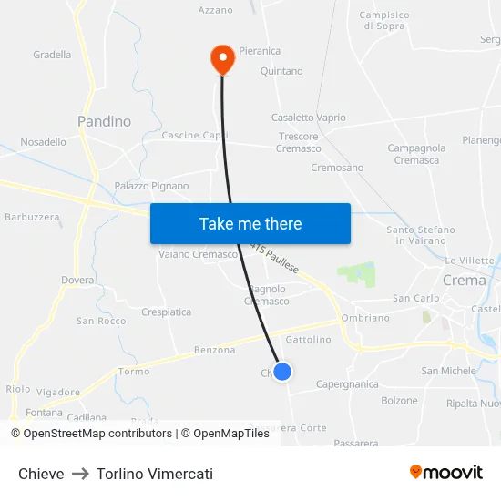 Chieve to Torlino Vimercati map