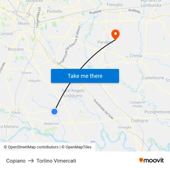 Copiano to Torlino Vimercati map