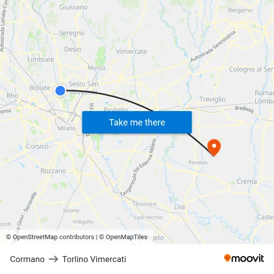 Cormano to Torlino Vimercati map