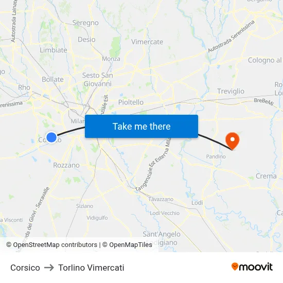 Corsico to Torlino Vimercati map